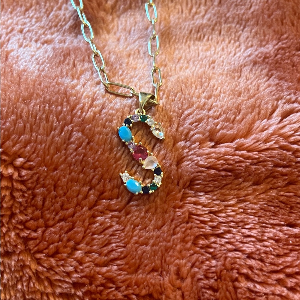 Gold Initial Necklace with Multicolor Stones
